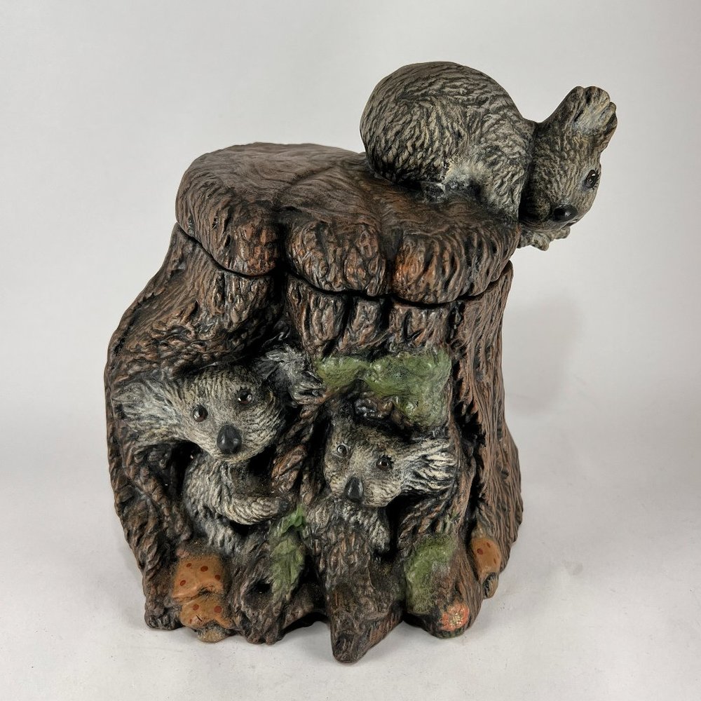 Vtg Ceramic Cookie Jar Lidded Koala Bear Tree Stump Mushroom Brown Gray 90s
